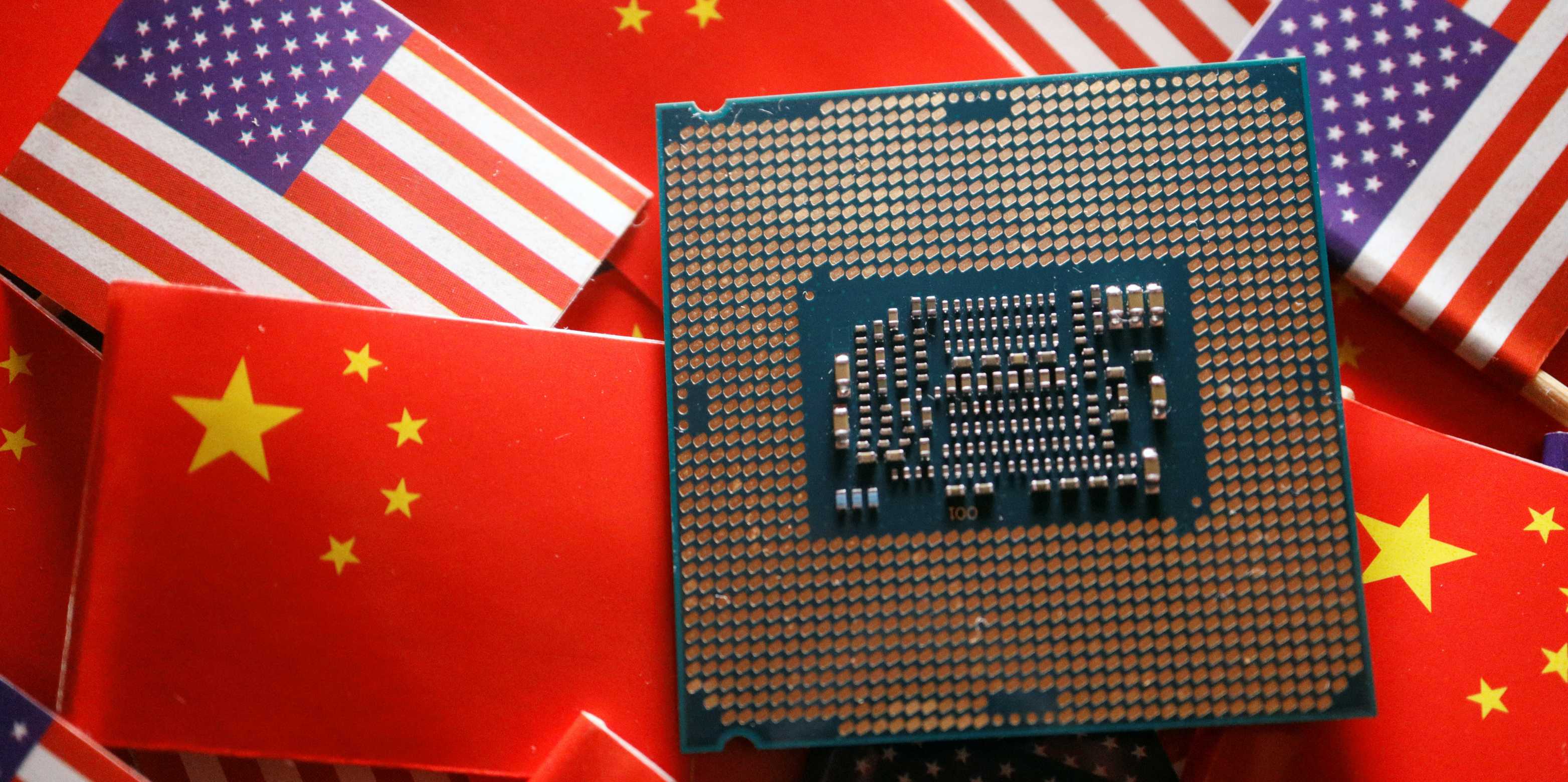 Semiconductor chip on US and China flags