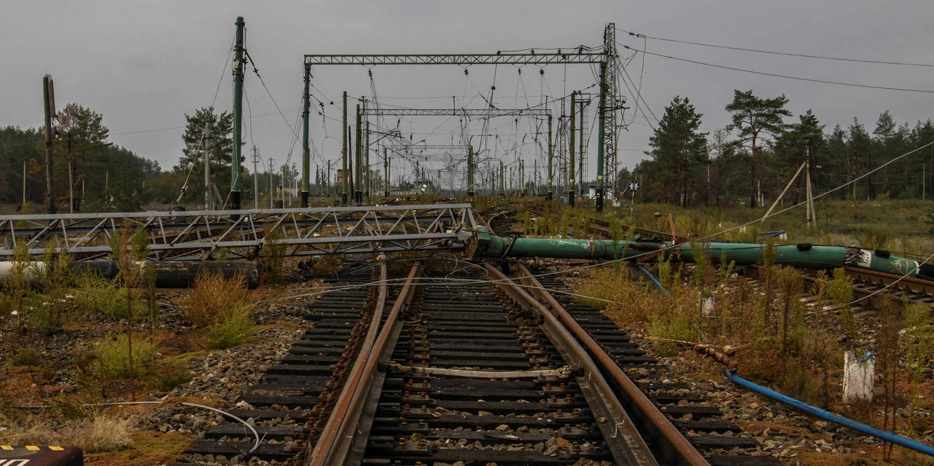 Damaged railway infrastructure is seen in the town of Sviatohirsk.