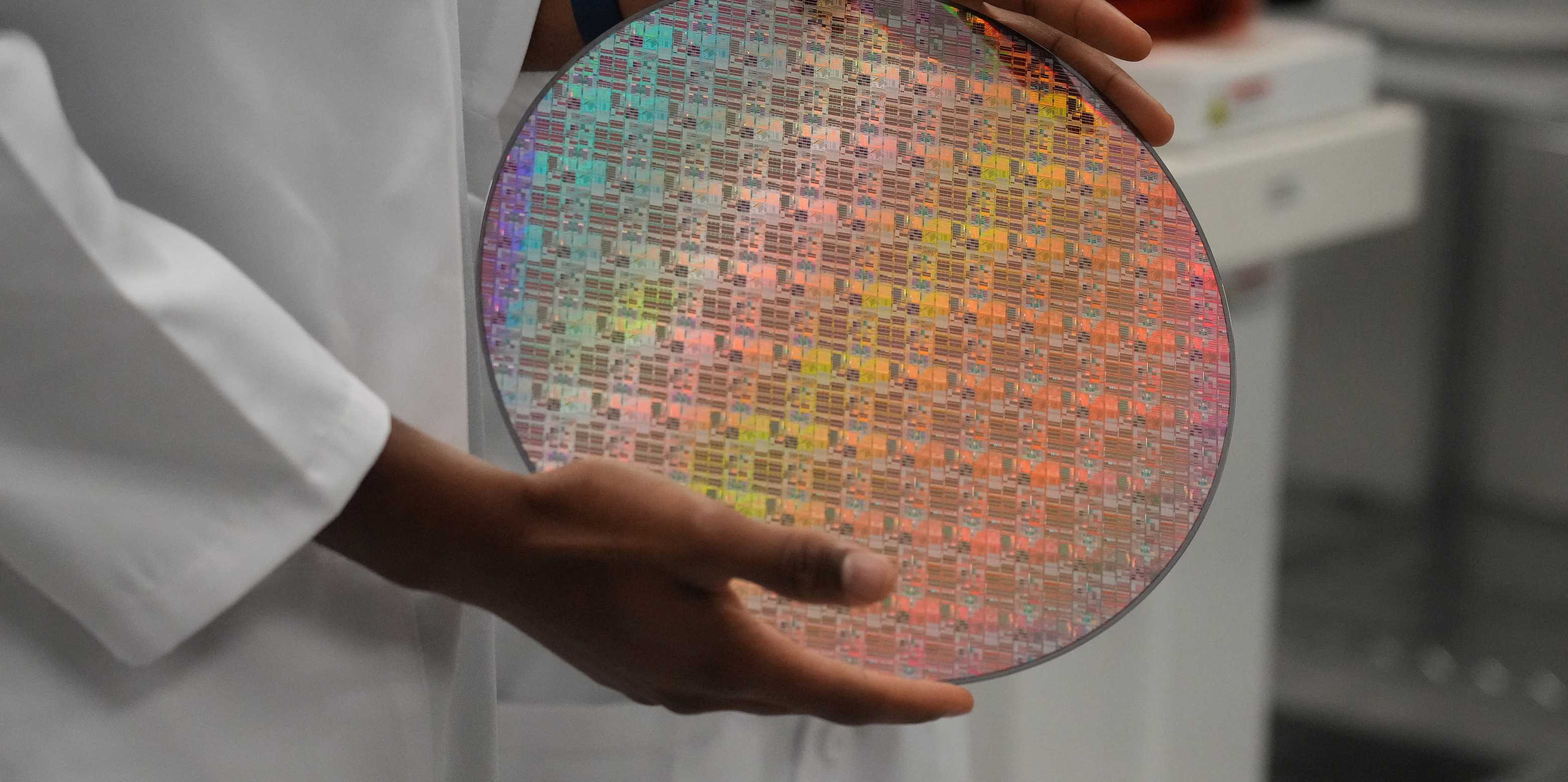 A silicon wafer shown at a site where Applied Materials plans to build a research facility, in Sunnyvale California in May 2023.