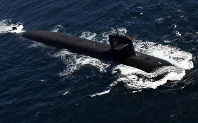 A french nuclear submarine in the sea