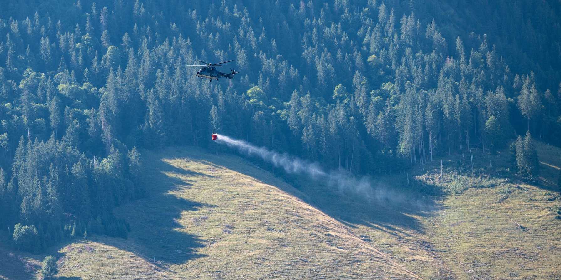 Wassertransport mit dem Helikopter für Nutztiere in Fribourg