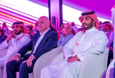 Saudi Crown Prince Mohammed bin Salman with Fifa president Gianni Infantino and Saudi sports minister Prince Abdul Aziz bin Turki Al-Faisal at an event