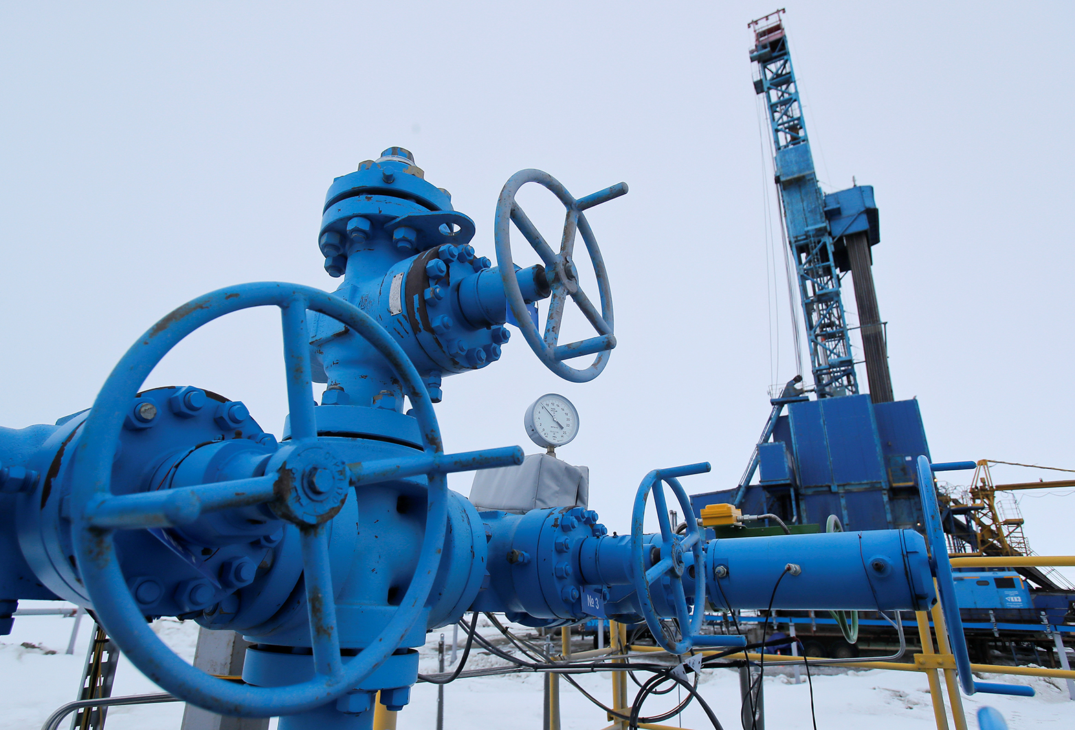 Valves near a drilling rig, operated by Gazprom, at Bovanenkovo gas field on the Arctic Yamal peninsula