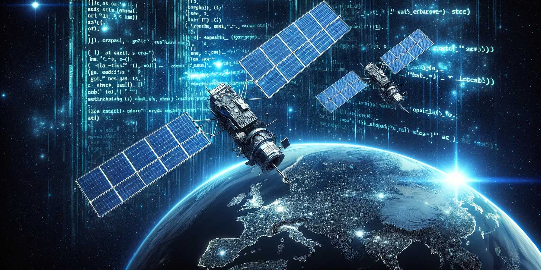 Zwei Satelliten im Weltraum vor einem Hintergrund aus Programmiercodezeilen. 